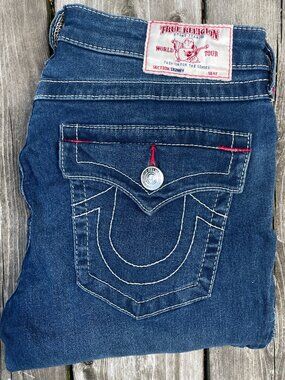 True Religion Jeans Size 30 SKINNY Blue White Red Contrast Stitch Stretch Denim